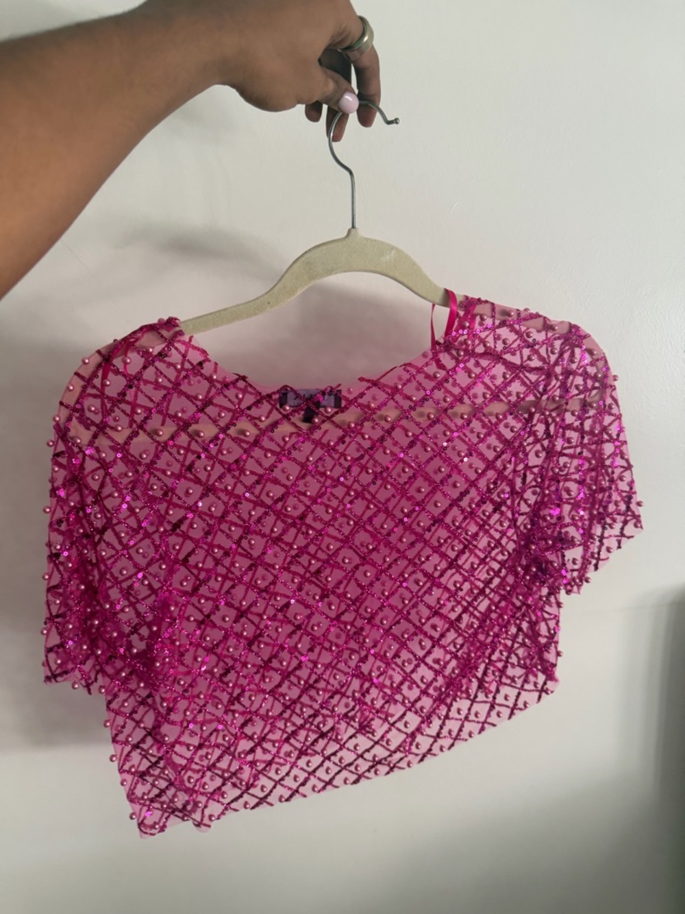 LA Made Hot Pink Beaded Sheer Crop Top - Picture 2 of 4